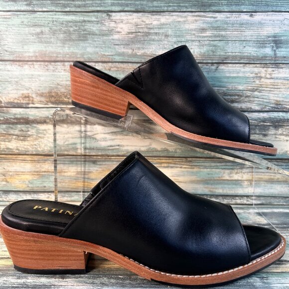 Portland Leather Patina Mules Womens 6.5 Black Leather Low Block Heel Handmade - Picture 1 of 13